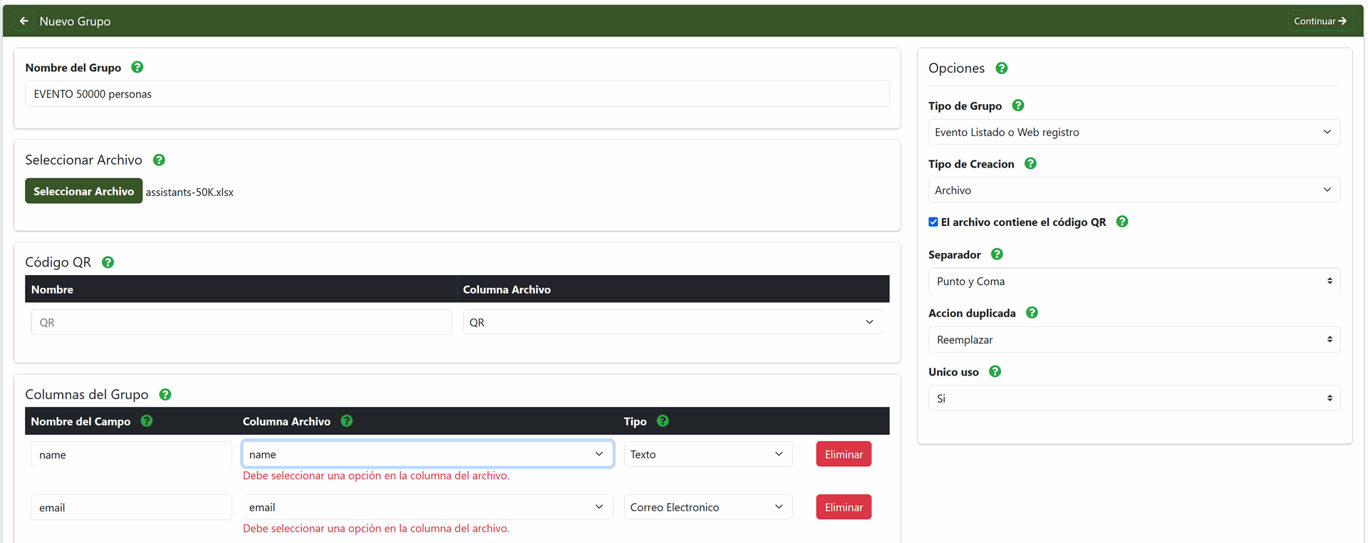 Formulario para crear nuevo grupo + evento de tipo LISTADO y/o web de registro